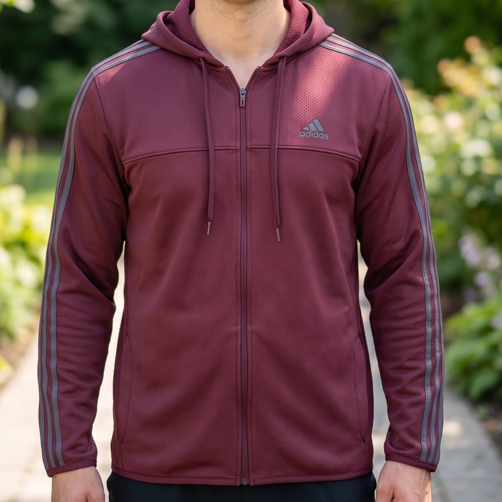 Adidas Mens Full Zip Hoodie Maroon Burgundy Textured Waffle Knit Three Stripe